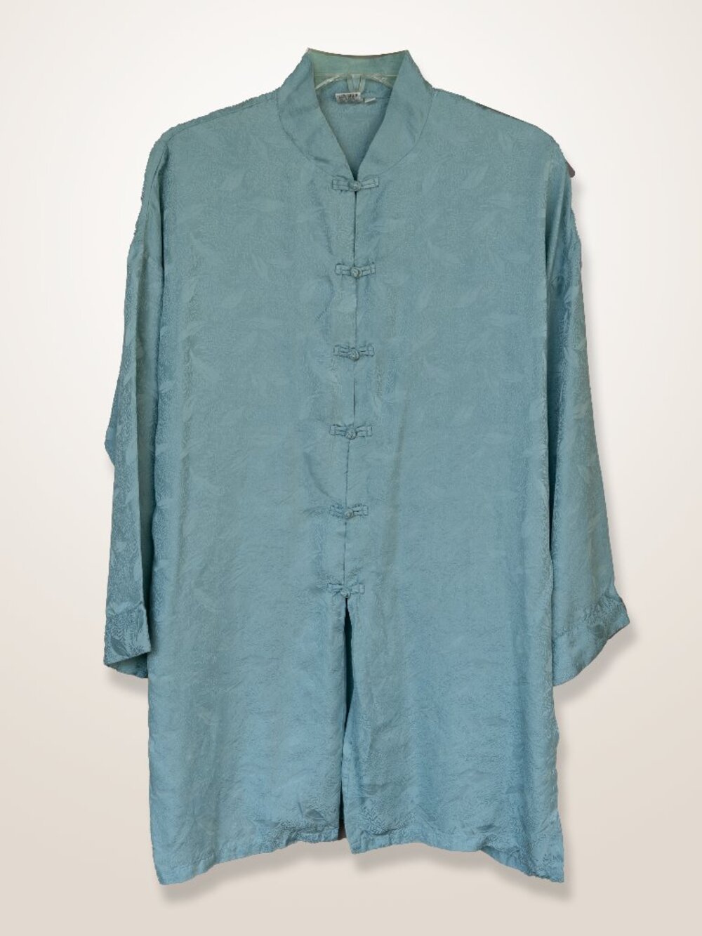 Vintage Y2k Mandarin Tunic Top Silk Blue Jacquard High Collar Asian Frog Closure